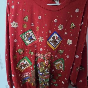 Vintage Holiday Time Christmas Sweatshirt Teddy Bear Gifts Snowflakes Red